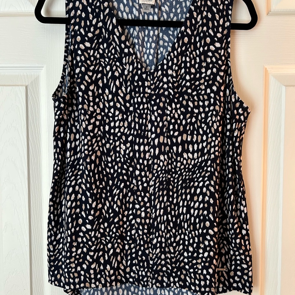 Anne Klein Navy, tan and White Ruched Tank Top